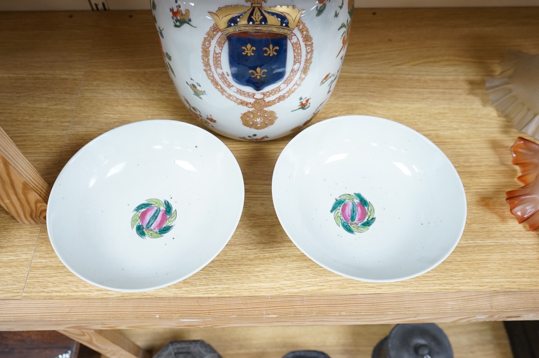 A Samson armorial jar and cover and two Chinese famille rose bowls, jar and cover 26cm high